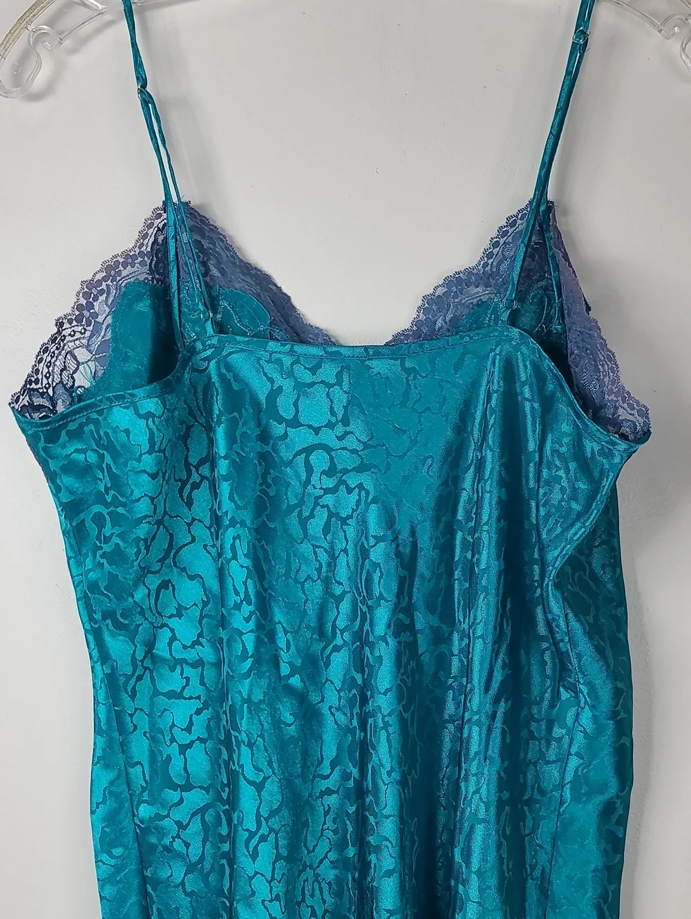 Vintage Erika Taylor Teal Silky Jacquard Lace V-Neckline Spaghetti Strap Slip L - Picture 5 of 12